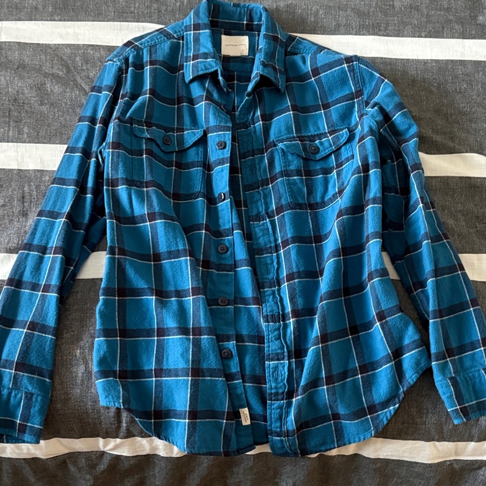 American Eagle Outfitters Teal and Black Plaid Shirt